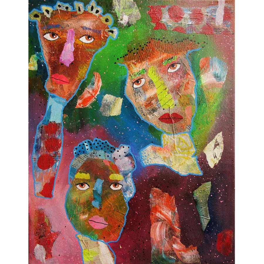 Abstract Portrait Painting Colourful Figures Pop Surreal Folk Art 14x18" Canvas