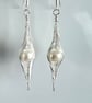 Silver Herringbone Wire Wrapped Earrings with White Freshwater Button Pearls - Image 4