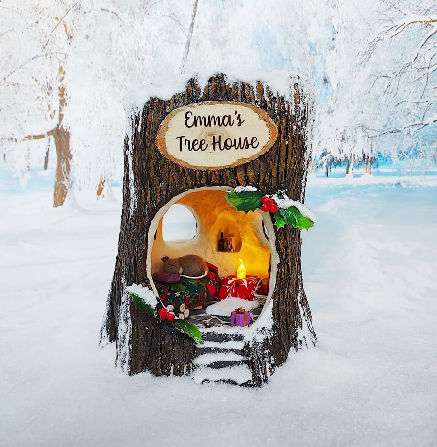 Made To Order: Personalised Christmas Tree House Nightlight with Sleeping Mouse