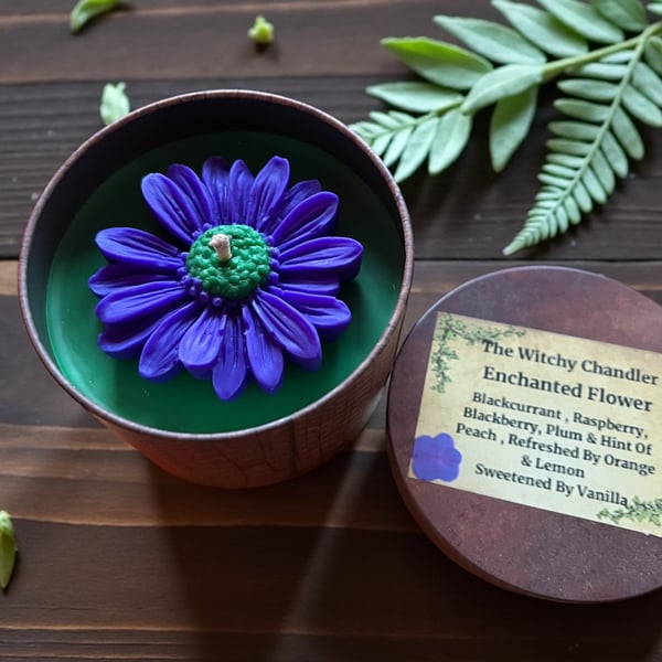 Handmade Enchanted Purple & Green Flower Floral Candle