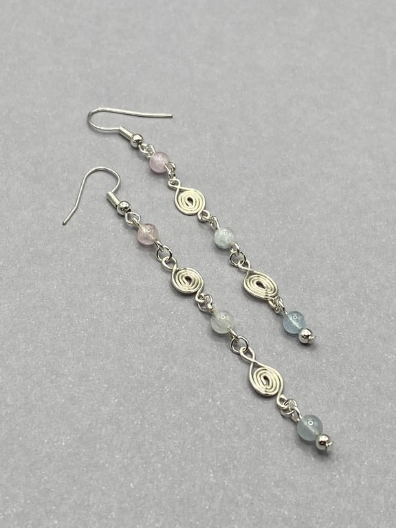 Wirework spiral drop earrings with multicoloured beryl stones