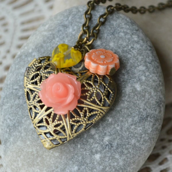 Peach Rose Heart Shaped Locket