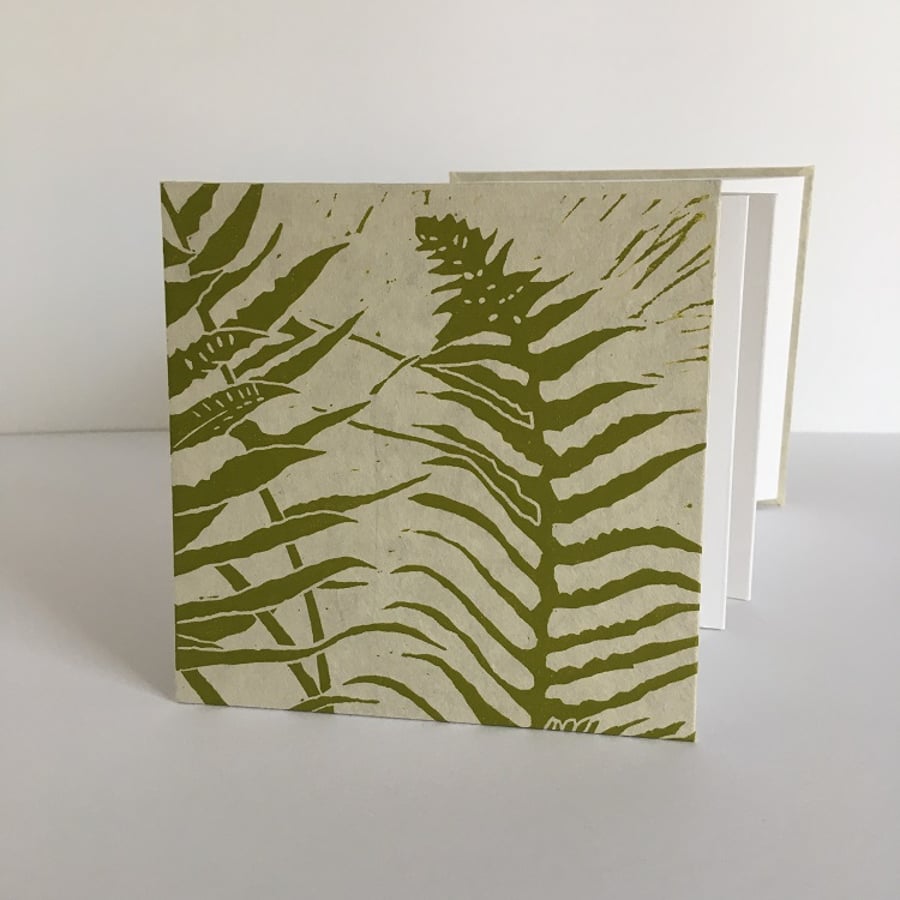 Ferns' concertina sketchbook, note book covered with hand printed linocut, ivory