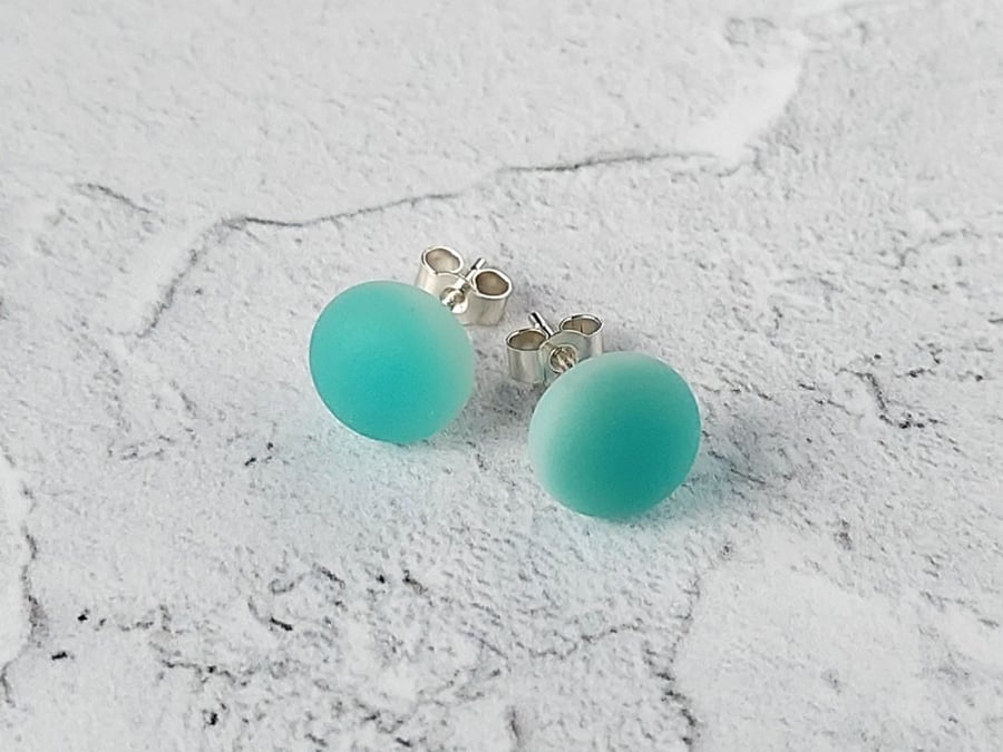 Aqua stud earrings, fused glass with sterling silver fittings