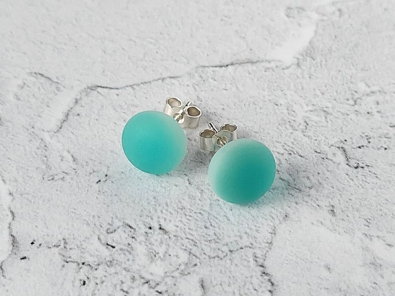 Aqua stud earrings, fused glass with sterling silver fittings