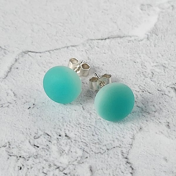 Aqua stud earrings, fused glass with sterling silver fittings