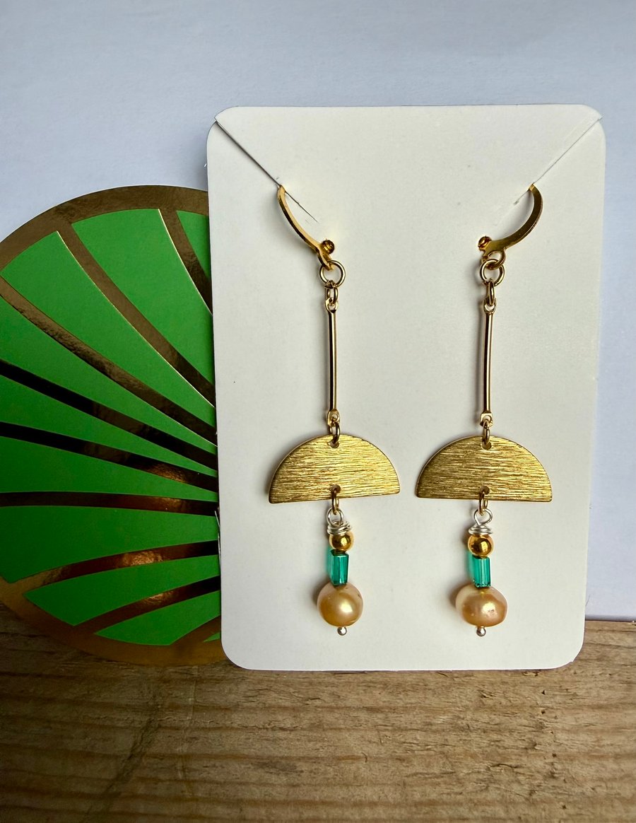 Freshwater Pearl, Green Crystal Cut Tube Bead ,Art Deco Vibe Dangle Earrings