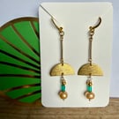 Freshwater Pearl, Green Crystal Cut Tube Bead ,Art Deco Vibe Dangle Earrings