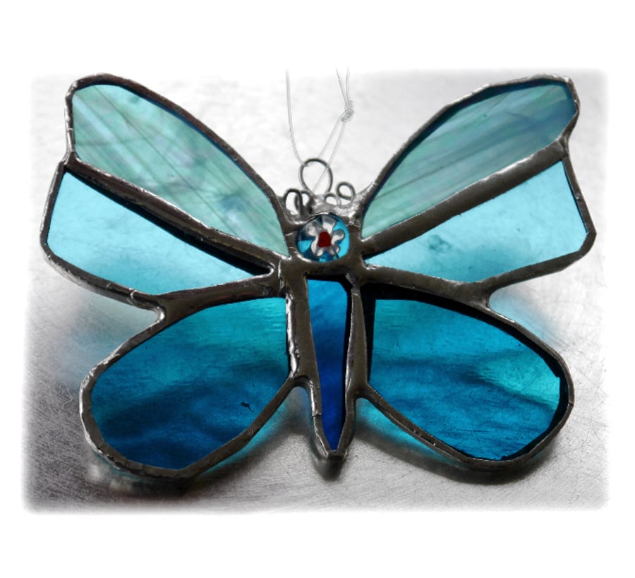 SOLD Butterfly Stained Glass Suncatcher Turquoise 045 