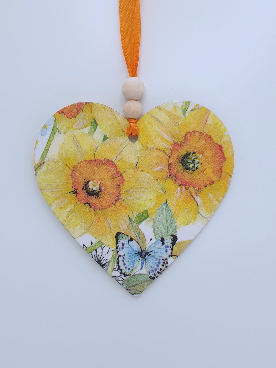 Daffodils wooden heart hanging decoration - spring decor