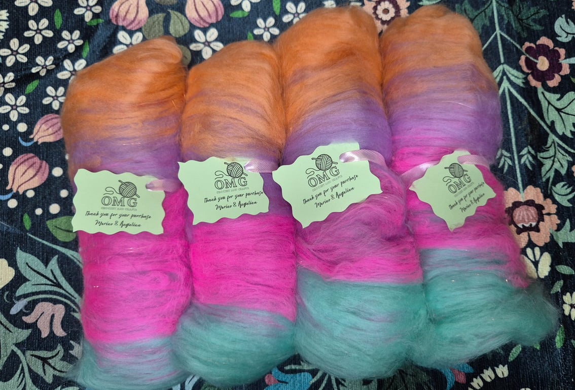 100g Hand Carded Merino and Angelina Fibre Batts