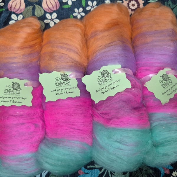 100g Hand Carded Merino and Angelina Fibre Batts