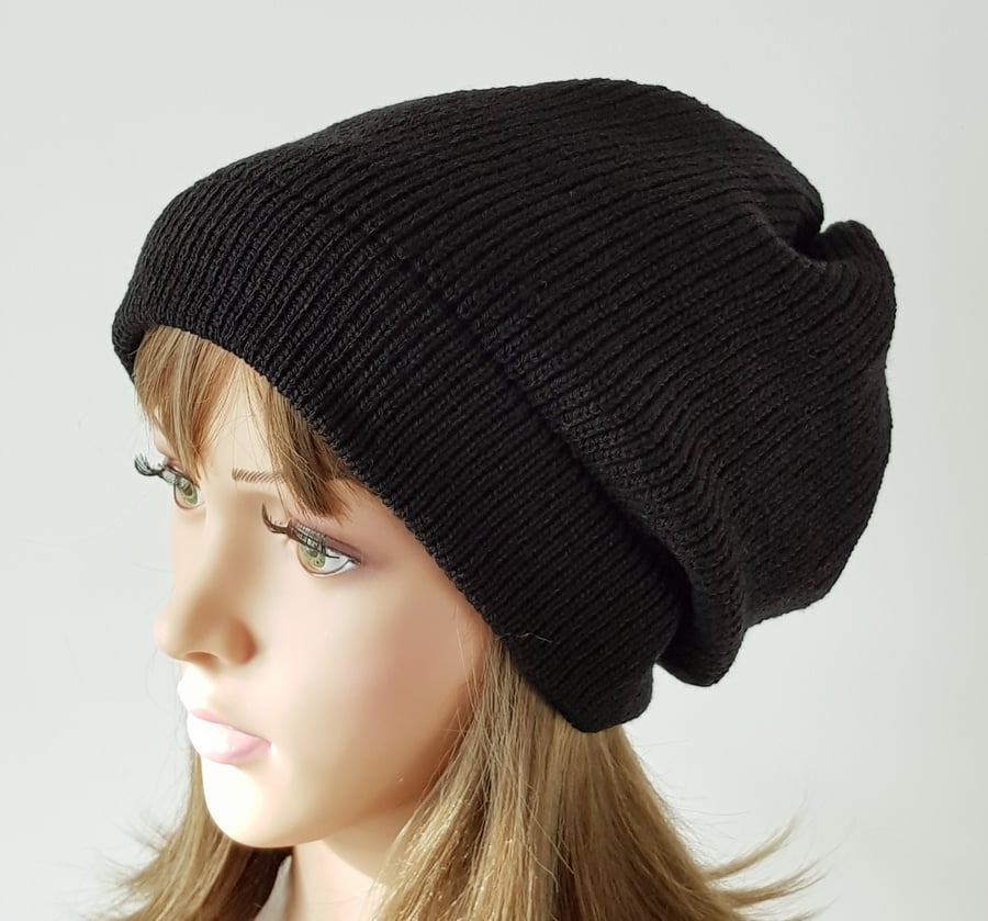 Handmade black hat, knitted slouchy beanie, fall hat for women
