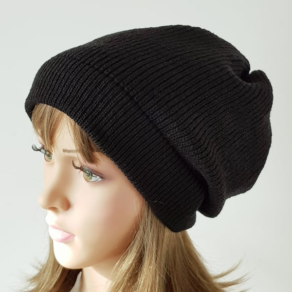 Handmade black hat, knitted slouchy beanie, fall hat for women
