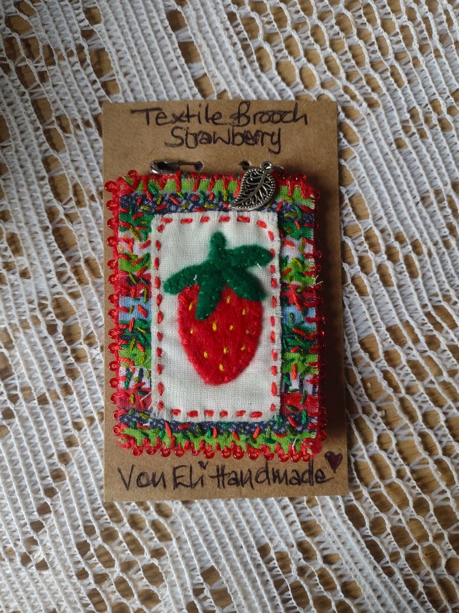 Textile Strawberry Brooch Pin - Felt - Beaded Pin - Hand-Stitched - OOAK