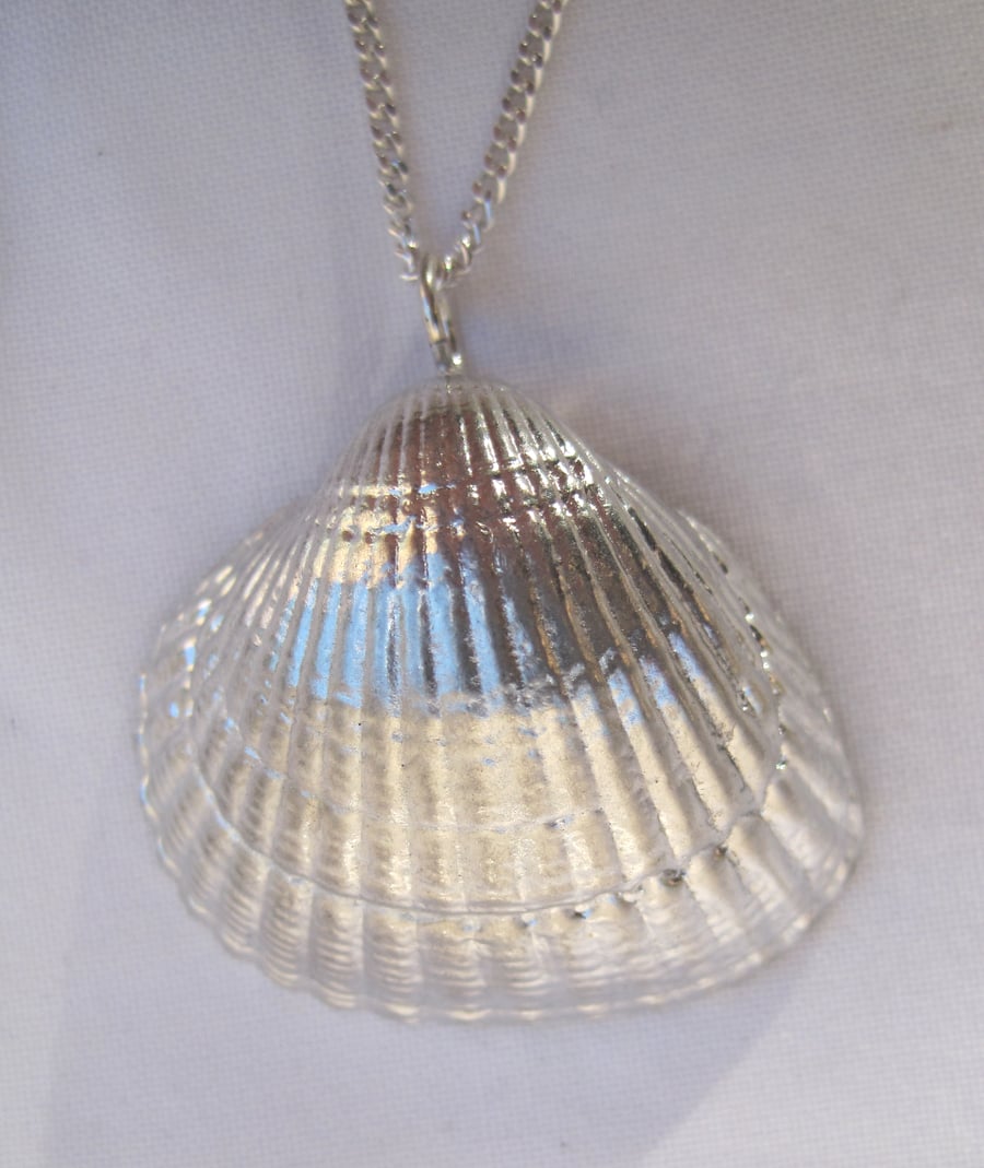 Cockle shell pewter pendant necklace with sterling silver chain