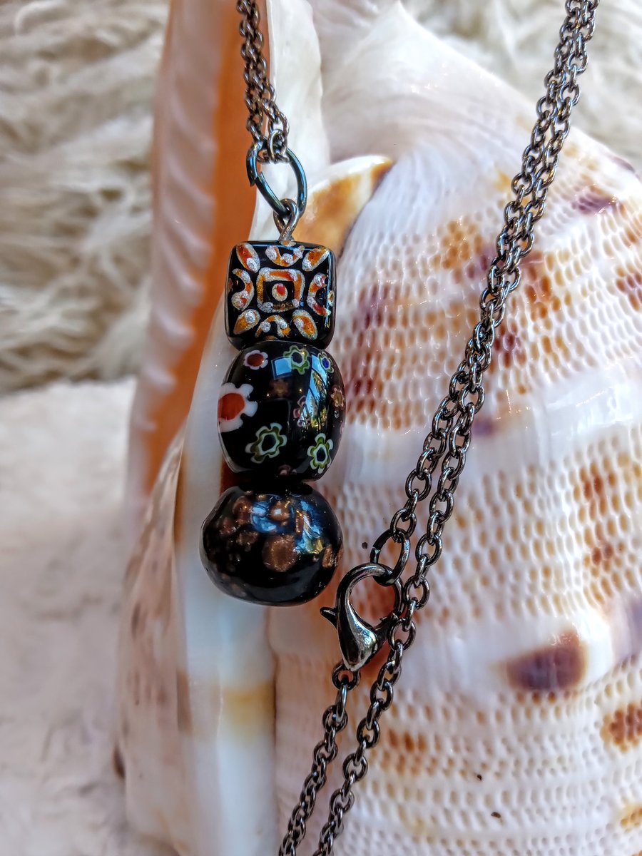 Hand-made JAPANESE style black glass patterned bead pendant NECKLACE