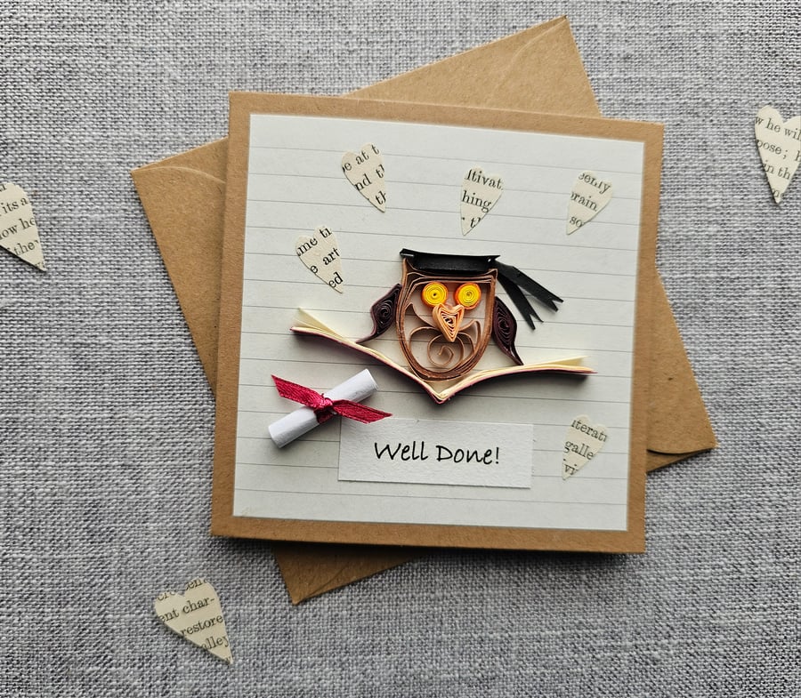 Graduation, Exams Congratulations Small Quilled Owl Card Size 4" x 4"