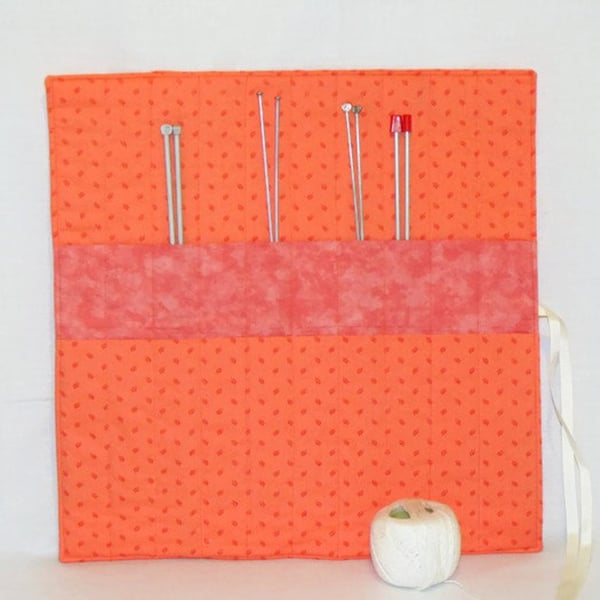 knitting needle roll or tunisian crochet hook holder, peach