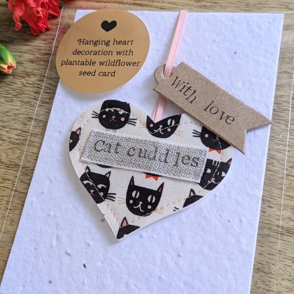 'Cat Cuddles' Hanging Heart Keepsake with Plantable Wildflower Seed Card