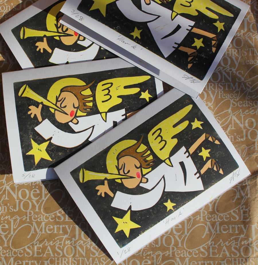 3 ‘Hark’ Angel Linocut Christmas Card Hand Printed Original 