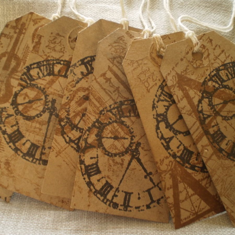 6 Hand Stamped Travel In Time Gift Tags 
