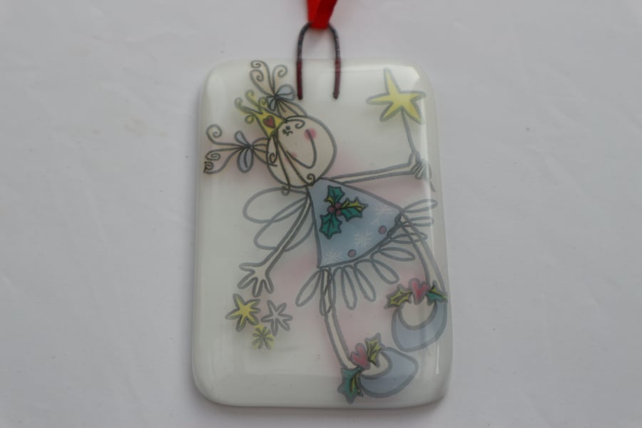  Handmade fused glass decoration or suncatcher - Fairy on white