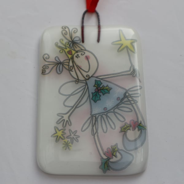 Handmade fused glass decoration or suncatcher - Fairy on white