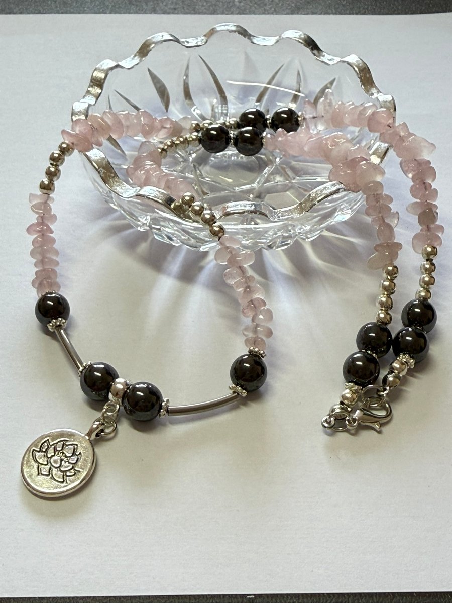 Natural Pink Rose Quartz and Hematite Necklace
