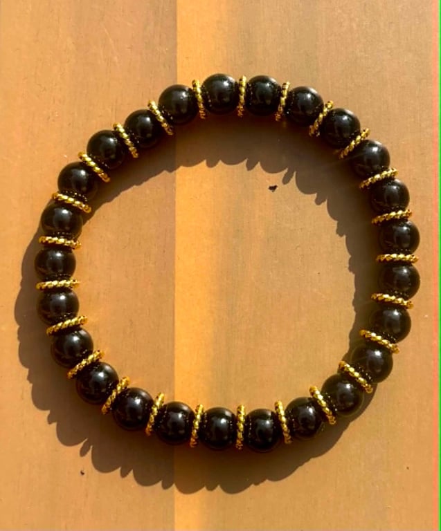 Handmade Black Beaded Bracelet with Gold-Tone Spacers