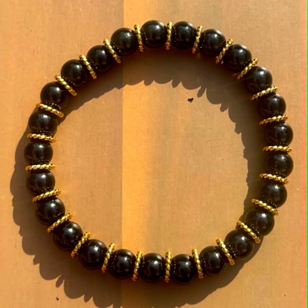 Handmade Black Beaded Bracelet with Gold-Tone Spacers