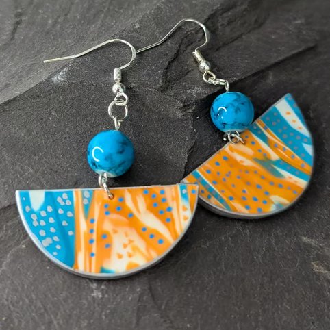 Bold Semi-Circle Polymer Clay Earrings with Turquoise Beads