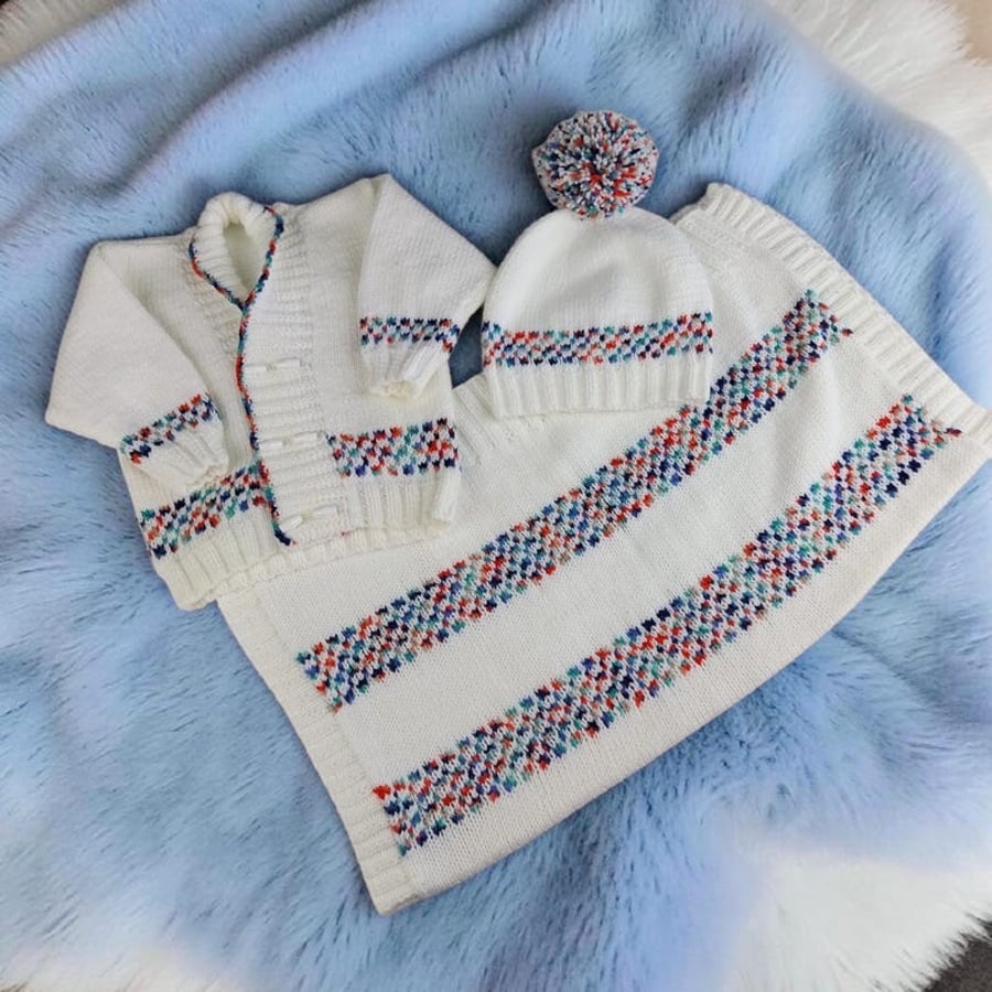 Hand Knitted Fair Isle Baby Cardigan Hat and Blanket Gift Set 6 to 9 Months