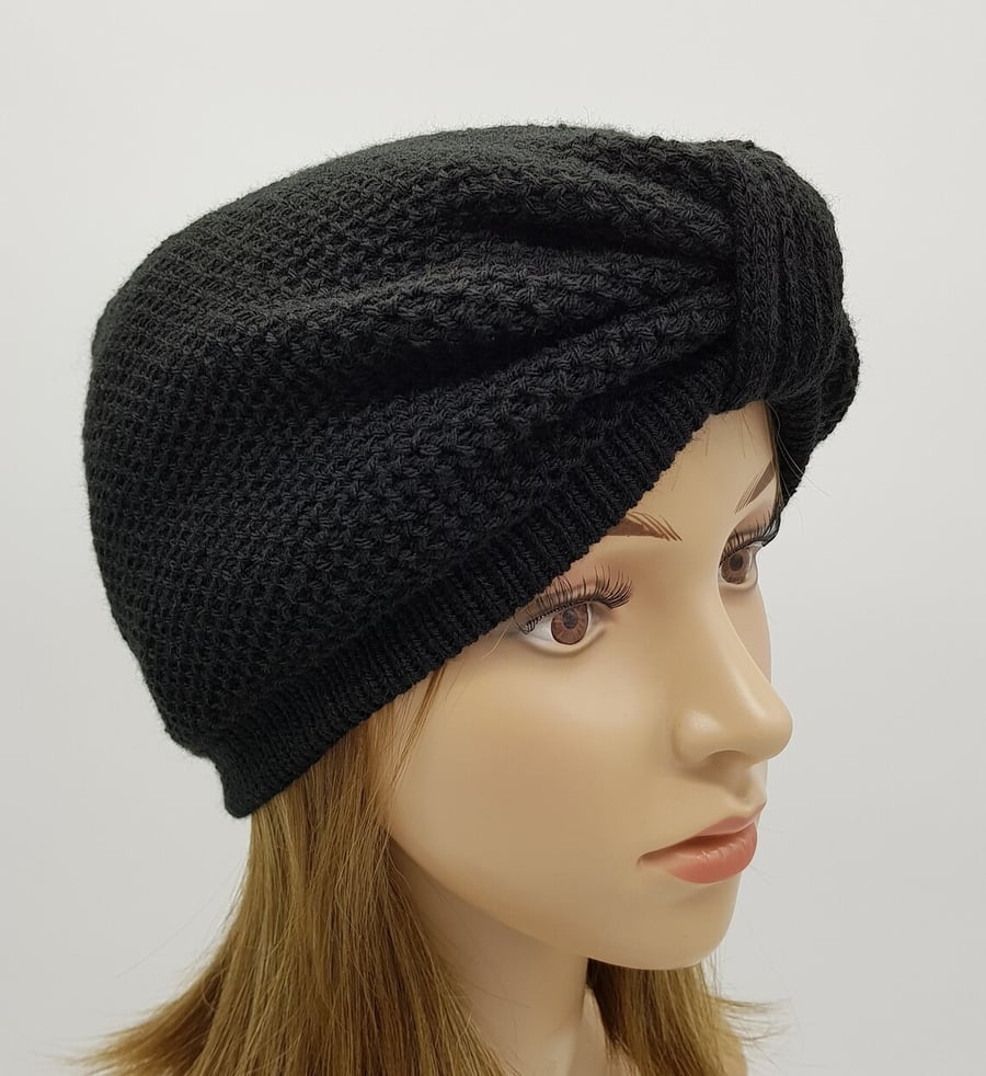 Handmade knitted turban for women, black hat, front knotted turban hat