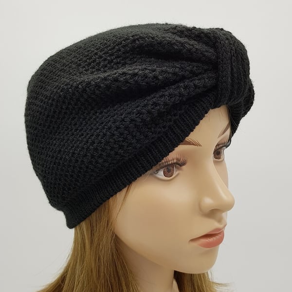 Handmade knitted turban for women, black hat, front knotted turban hat
