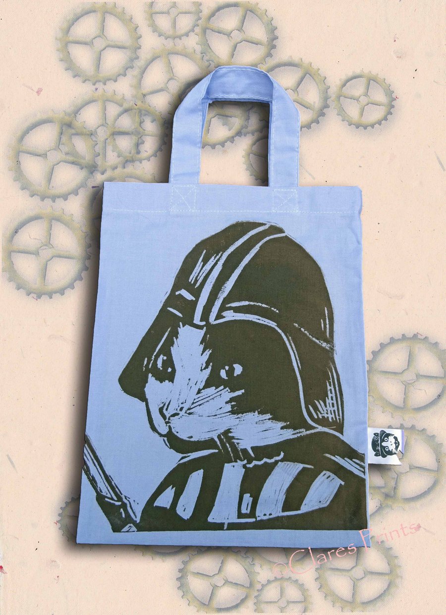 Darth Vadar Cat Tote Hand Printed Lilac Mini Tote Shopping Bag
