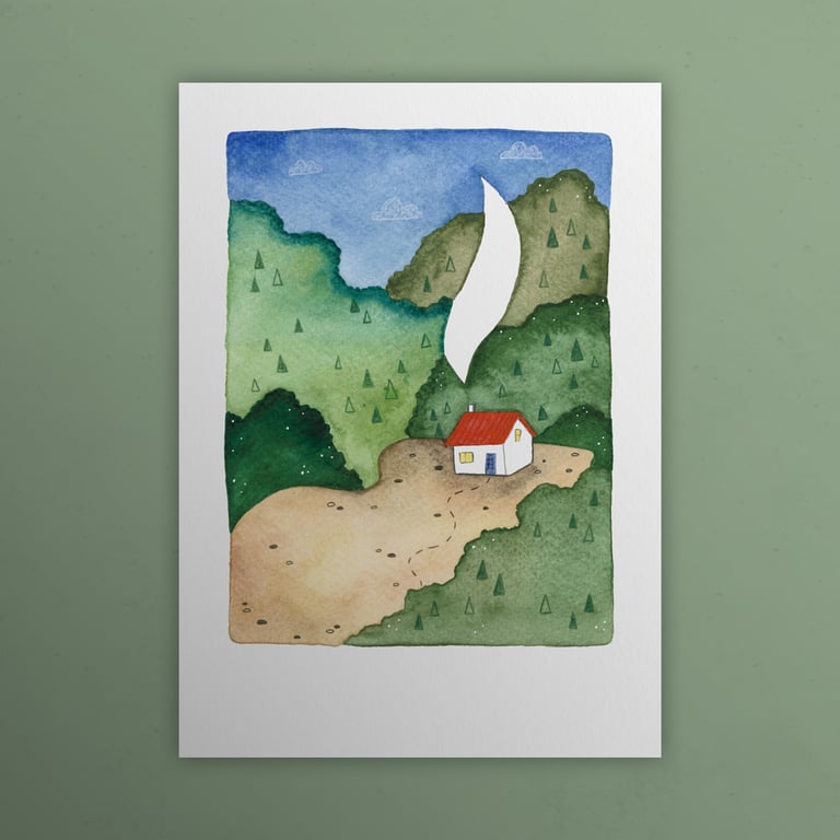 Forest Cabin, A6 giclée greetings card with recycled brown envelope