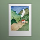 Forest Cabin, A6 giclée greetings card with recycled brown envelope