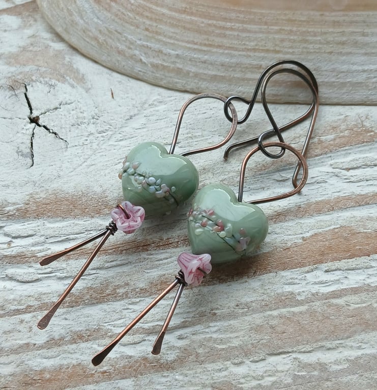 Copper Earrings with Heart Lampwork Glass Beads