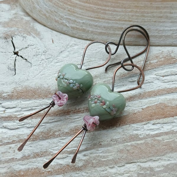 Copper Earrings with Heart Lampwork Glass Beads
