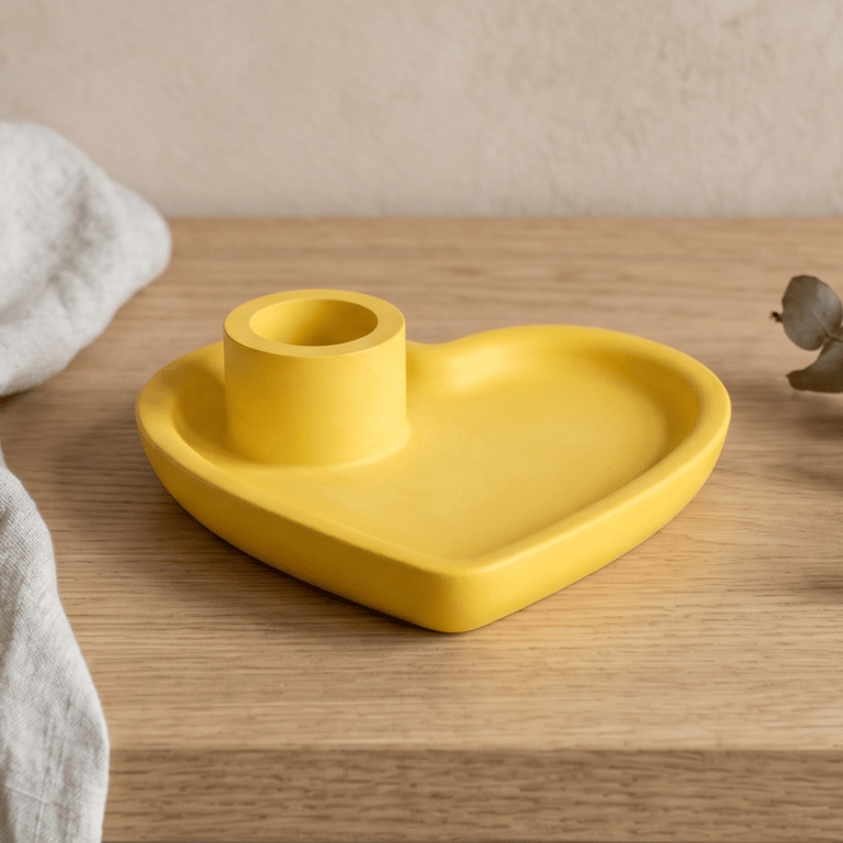 Yellow Heart-Shaped Candlestick and Trinket Tray