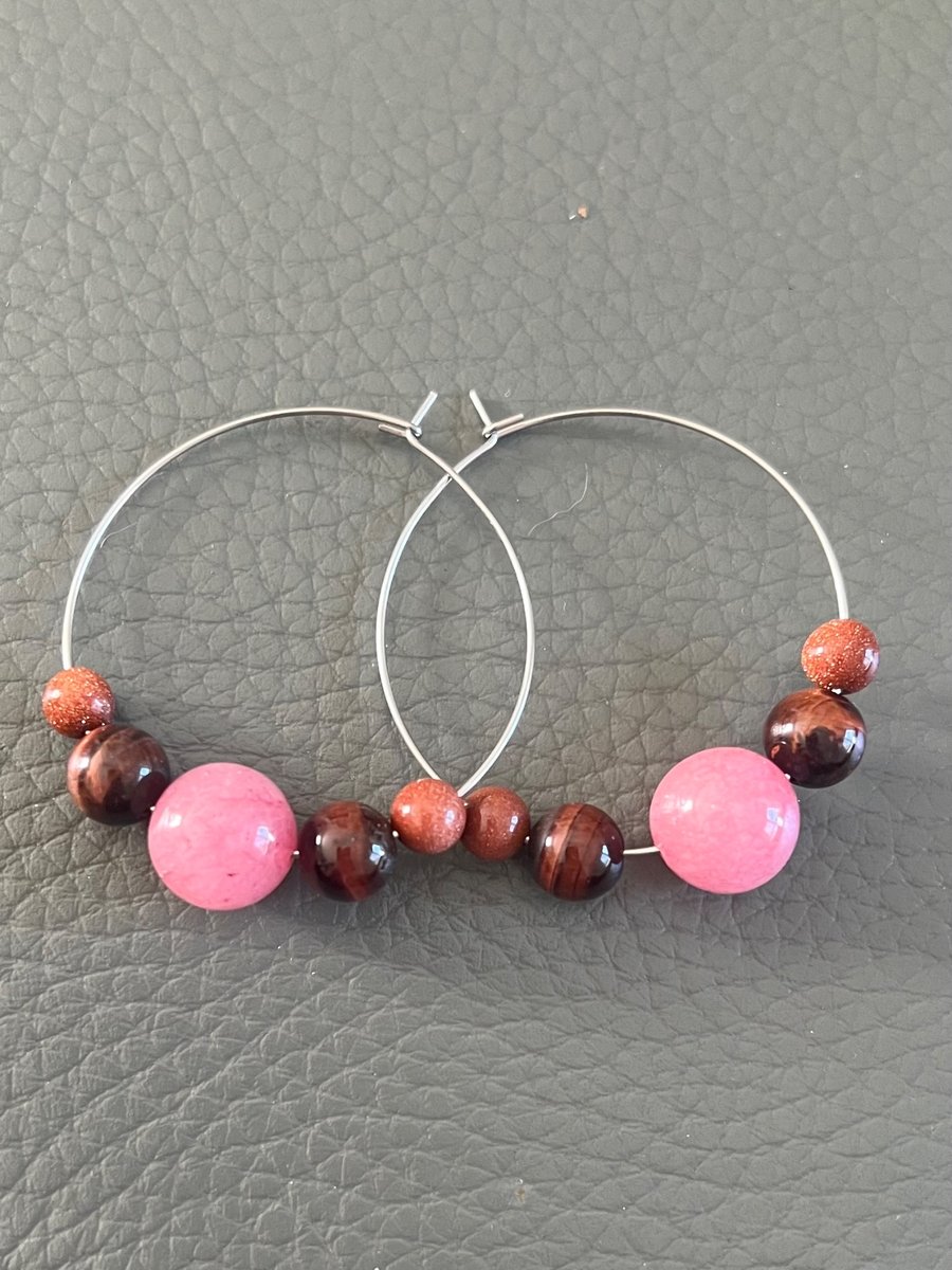 Handmade Hoop Earrings with Natural Gemstones 