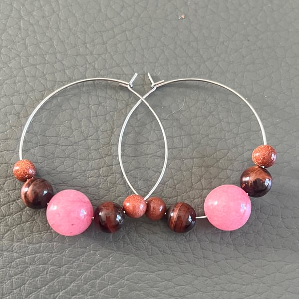 Handmade Hoop Earrings with Natural Gemstones 