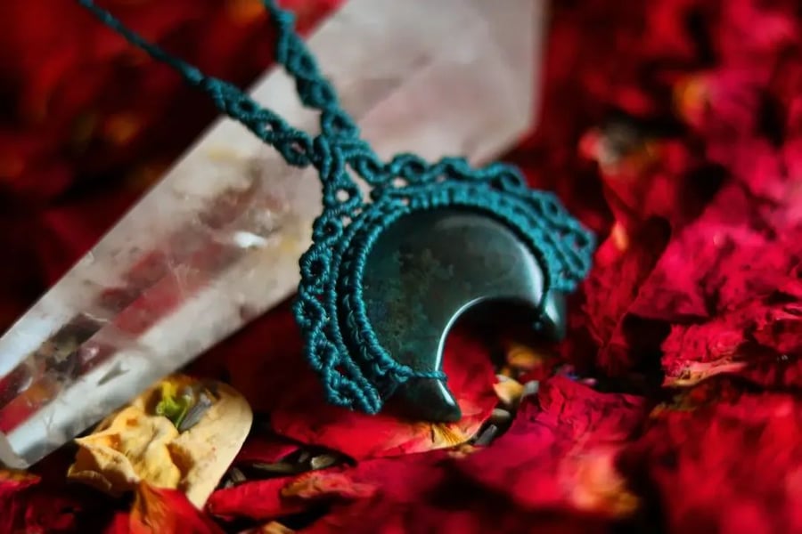 Macrame Moss Agate Moon necklace in teal