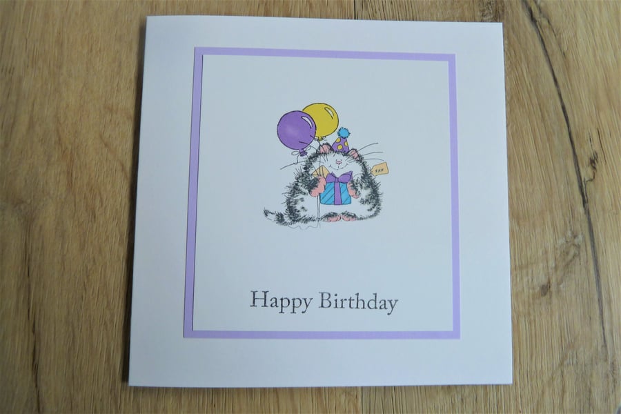 cat with balloons, happy birthday card