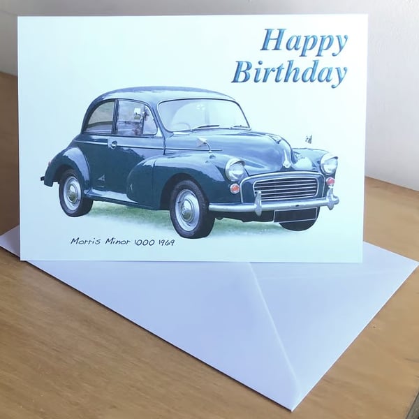 Morris Minor 1969 (Dark Blue) - Birthday, Anniversary, Retirement or Plain Card