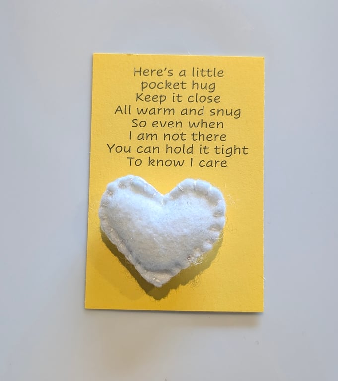 Handmade handsewn felt mini heart shaped pocket hug white