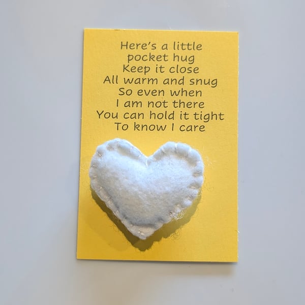 Handmade handsewn felt mini heart shaped pocket hug white