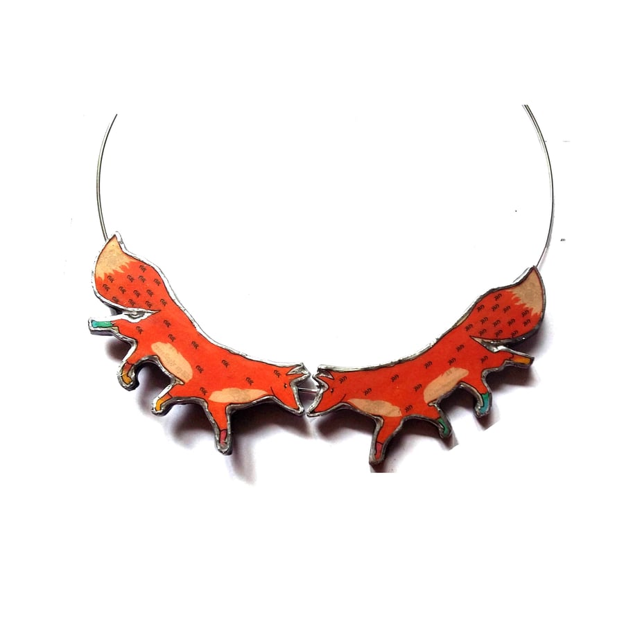 Pair Woodland Foxes Orange resin necklace by EllyMental Jewellery