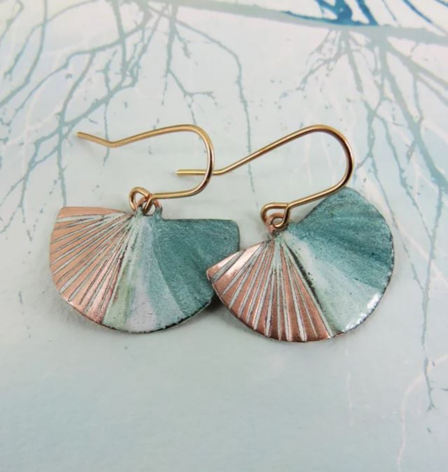 Semi-Circle Fan Style Textured Copper and Enamel Dangle Earrings